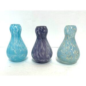 Set Of 3 Handblown Art Glass Studio Bud Vases/Bottles Blue & Purple 5" High